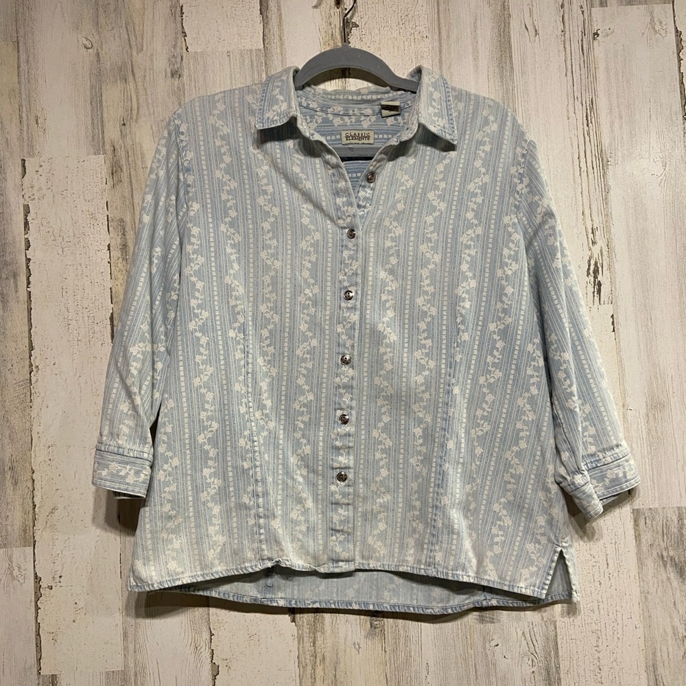 Classic Elements Blue White Floral Denim Button Down Shirt Large